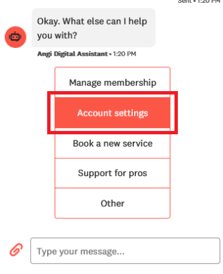 Ask Angi for help with your account settings