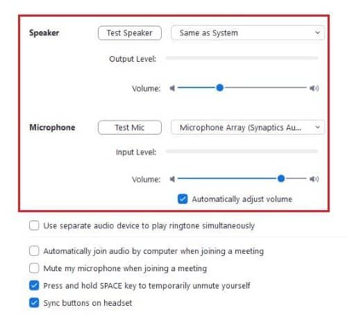 Test computer audio screen with available options