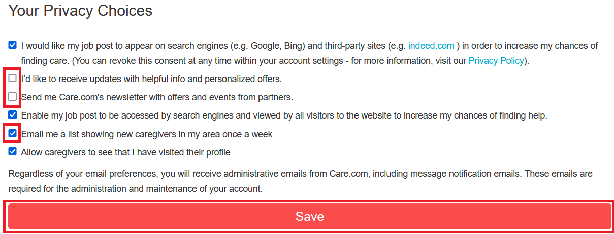 Change and save changes to privacy choices on Care.com