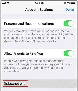 iTunes subscriptions button