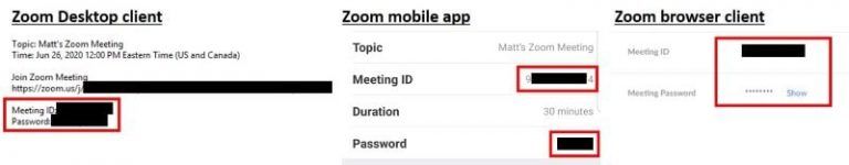 Example of meeting ID and password on desktop, mobile, and browser versions