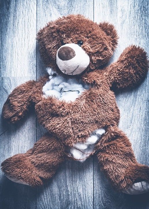 A teddy bear that is severely torn