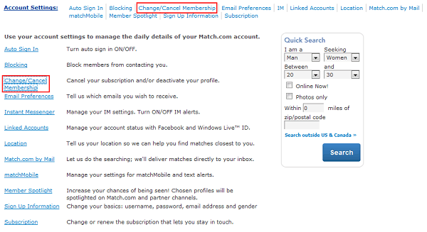 Cancel/change Match.com membership option