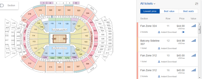 Selecting venue seats on StubHub
