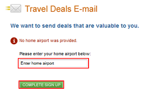 Enter home airport to sign up