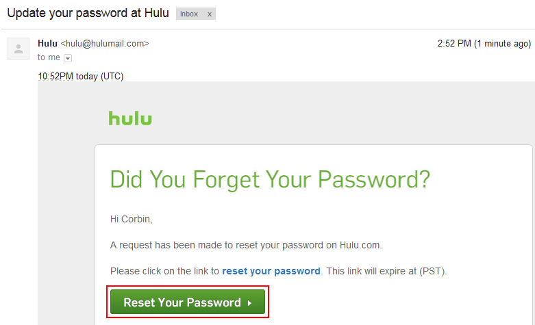 Hulu email with reset password link