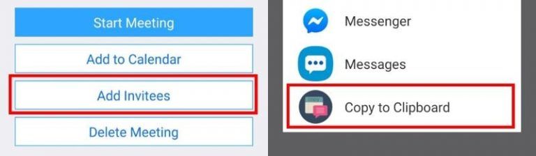 Scheduled meeting mobile app copy invitation to clipboard