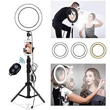 Yefound 9 inch ring light stand with phone and remote, photographer shooting model's picture, makeup artist at work, and three light modes