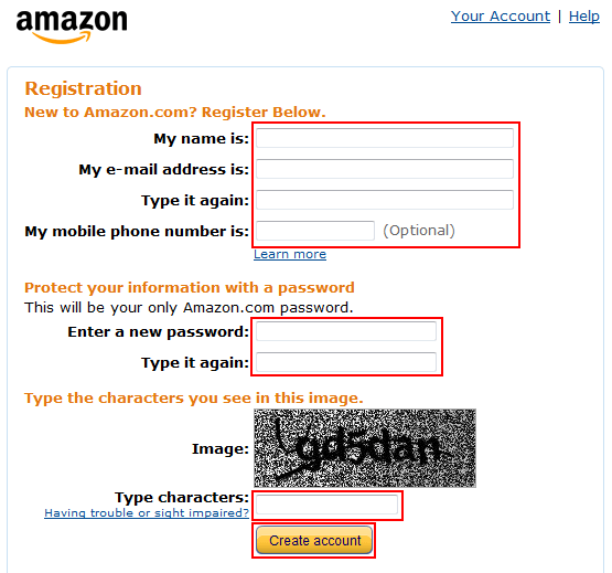 Amazon account sign up form