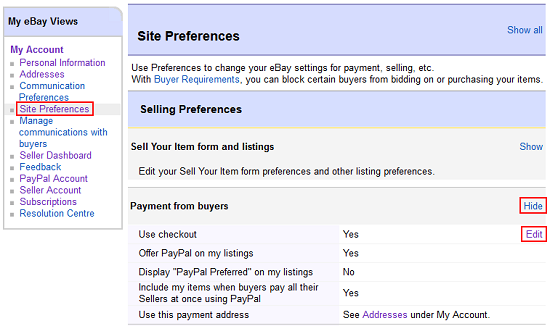 Buyer Payment Settings menu