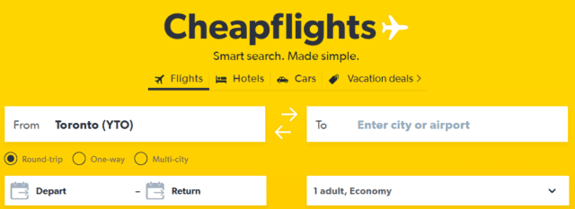 Screenshot of Cheapflights home page