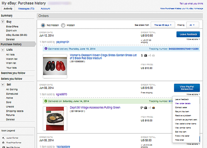 View eBay purchase history