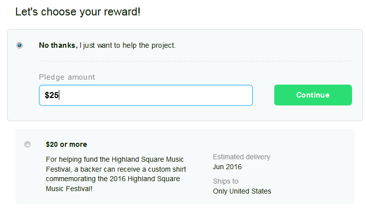 Choosing a reward for a Kickstarter pledge