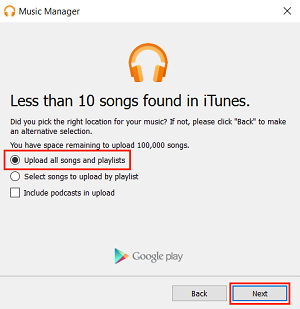 Upload All Songs and Playlists button