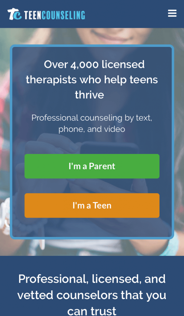 Teen Counseling sign-up screen
