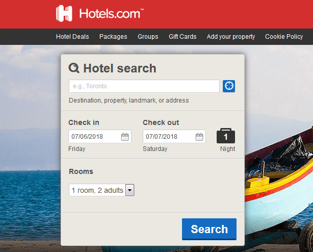 A screenshot of the Hotels.com home page