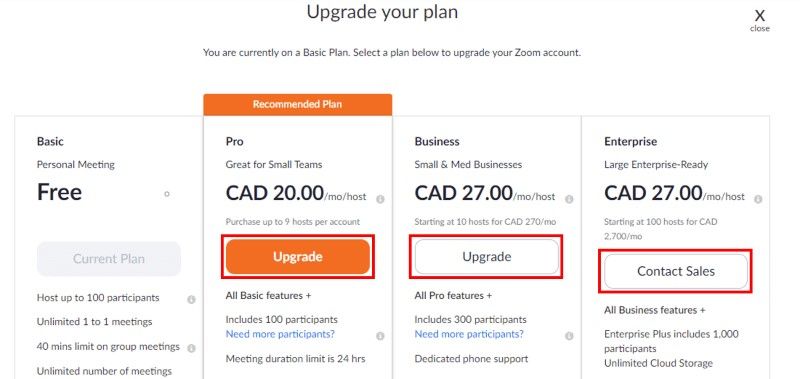 Upgrade your plan screen with Upgrade button