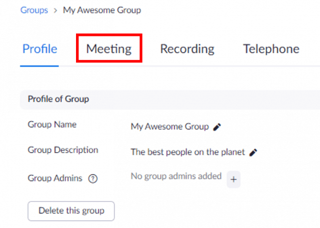 Meeting link highlighted on group profile page