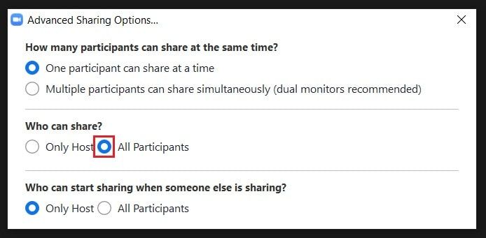 Setting to allow attendees to screen share in a Zoom meeting