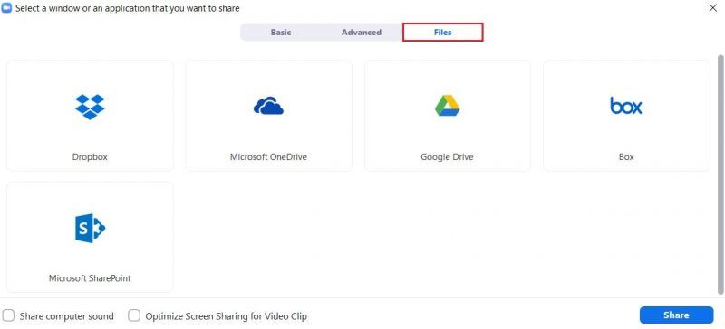 Sharing a file from cloud storage over Zoom on the desktop app