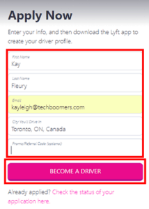 Enter basic driver information into Lyft form