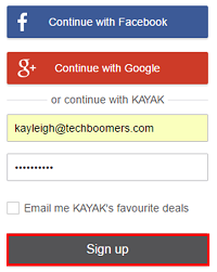 Click the Sign Up button to create your Kayak account.