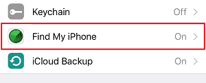 Find My iPhone menu option