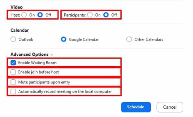 Schedule meeting options