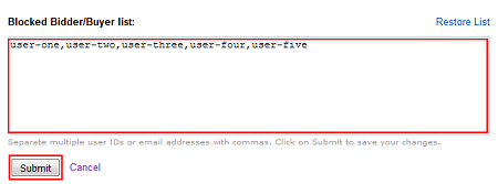 Add or remove blocked bidders form