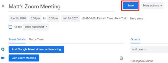 Google Calendar meeting event Save
