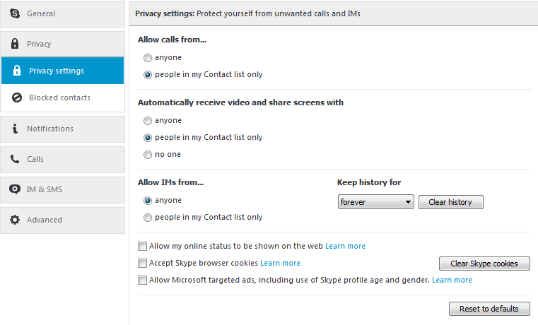 Privacy settings for Skype