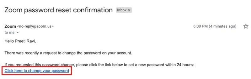 The link in the email you receive for resetting your Zoom password