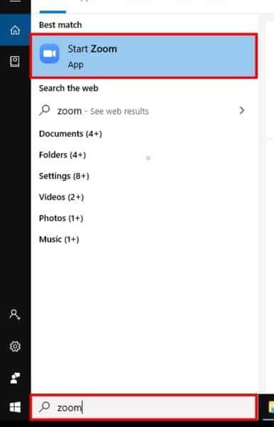 Windows start bar search opened and Start Zoom button