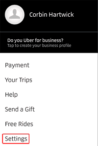 Uber Settings menu in app