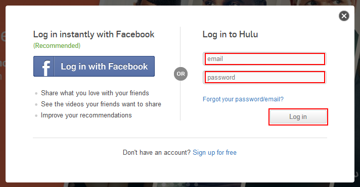 Hulu log in popup window