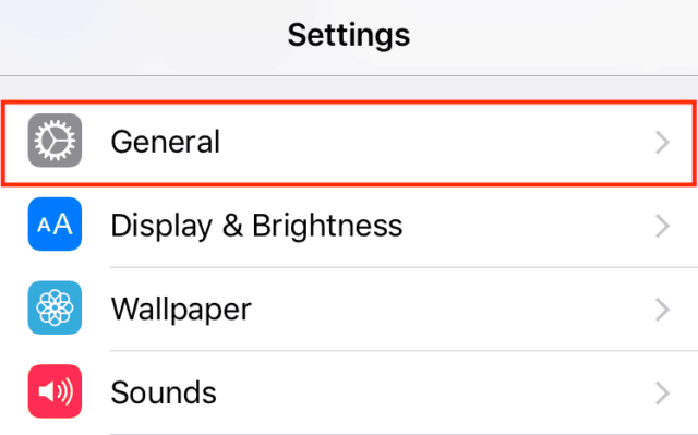 Accessing your iOS device's general settings