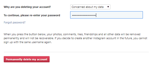 Permanently deleting an Instagram account