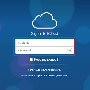 iCloud log in screen