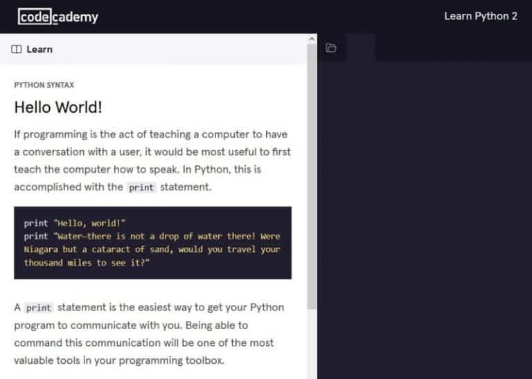 Lesson page for ‘Learn Python 2’ course on Codecademy