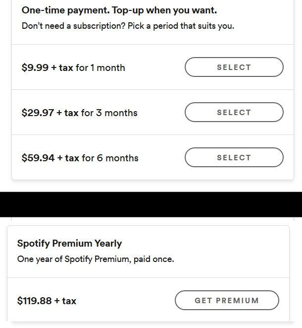 Spotify rates for fixed subscription lengths