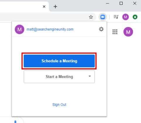 Zoom Scheduler tool open with Schedule a Meeting button highlighted