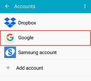 Google Accounts menu option