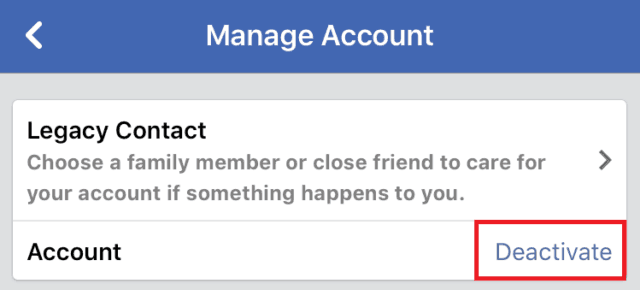 Deactivating your Facebook account on the mobile app
