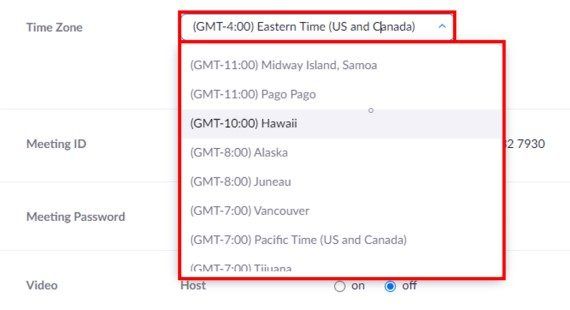 Browser client steps to set meeting time zone