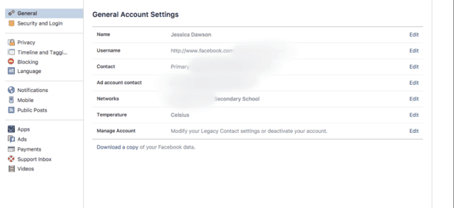 General account settings on Facebook