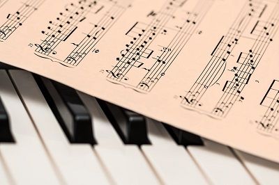 Sheet music over piano keys