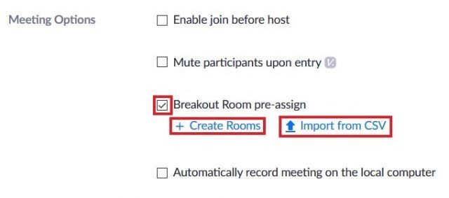 Toggle and options for pre-assigning breakout rooms