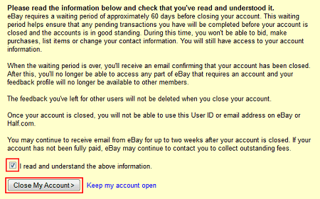 Accept the terms of closure and cancel eBay account