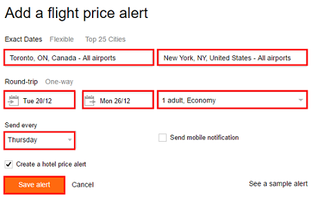 Enter the information you are interested in to add a flight or hotel alert.