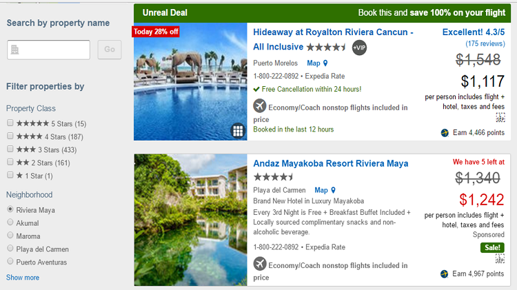Filter Expedia.com search results